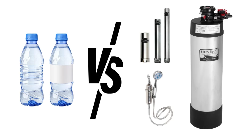 Side-by-side comparison of plastic bottled water and Carico home water filtration systems, illustrating long-term cost savings and waste reduction.