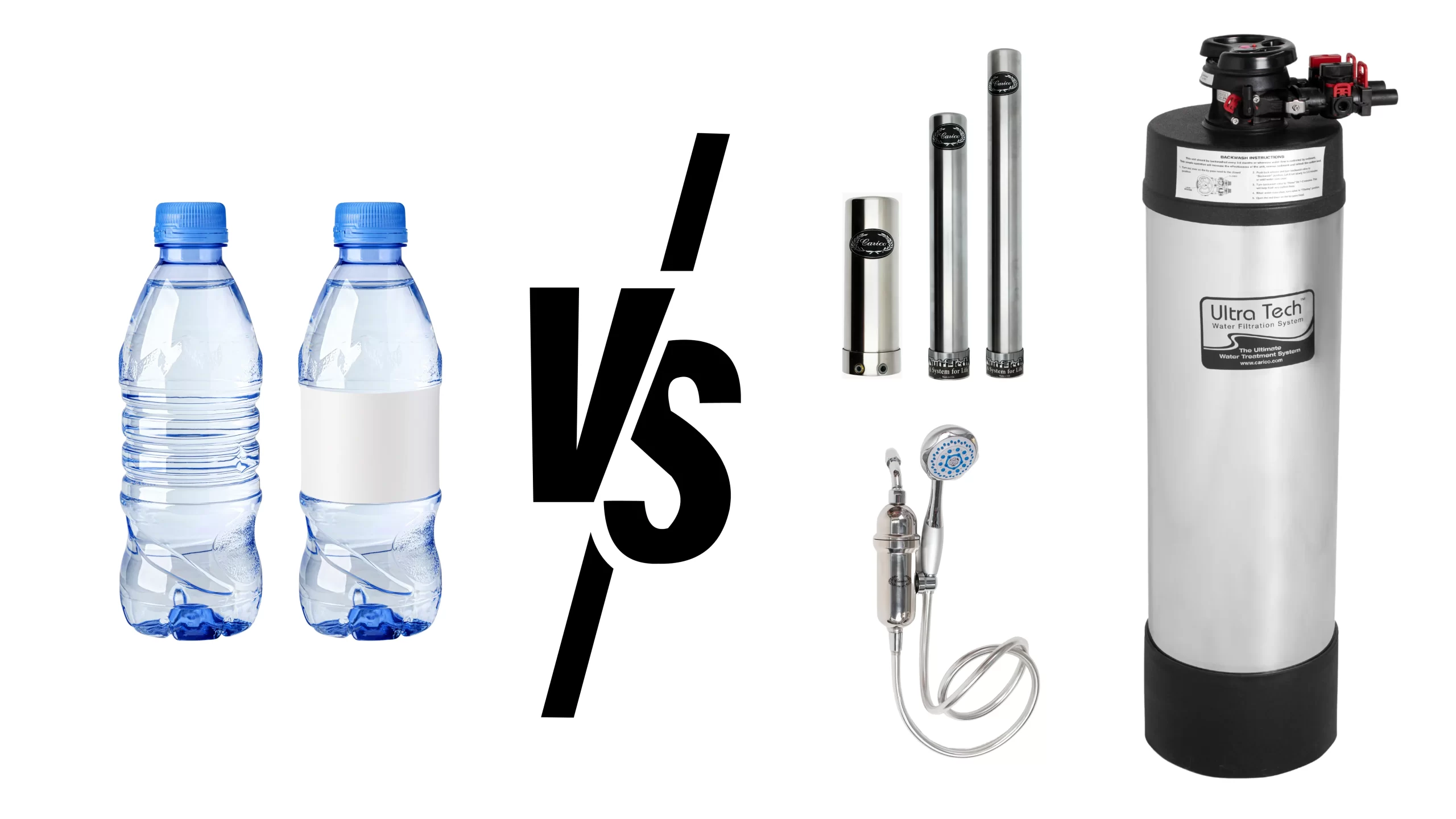 Blog 30 Side-by-side comparison of plastic bottled water and Carico home water filtration systems, illustrating long-term cost savings and waste reduction.