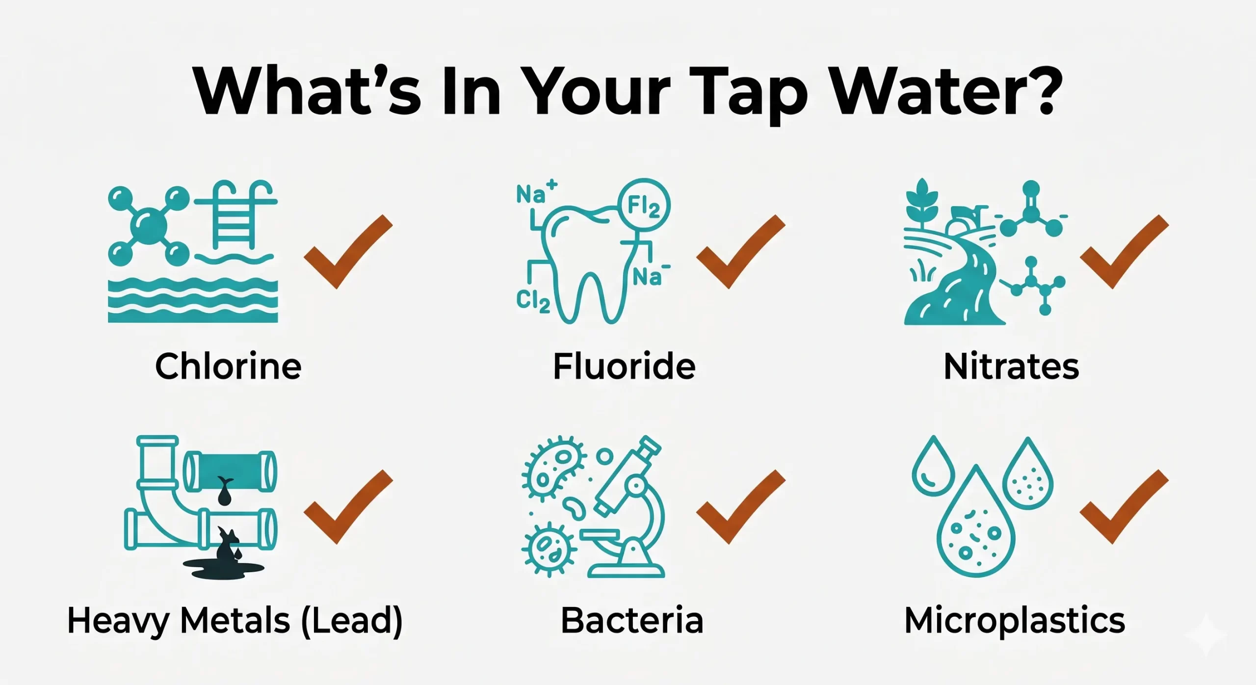Infographic checklist showing how Carico water filtration removes chlorine, fluoride, nitrates, lead, and microplastics from home tap water.