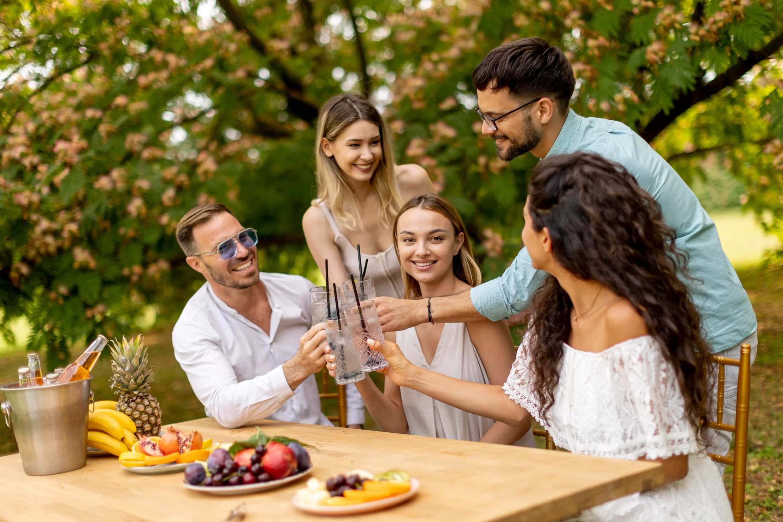 Blog 22 Group of friends toasting glasses of water outdoors at a summer gathering with fresh fruit and drinks on the table