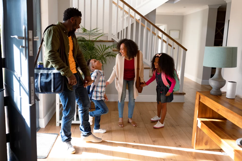 A Fresh Season, A Fresh Start: Preparing Your Home for the Months Ahead 2 Family with backpacks and lunch bag leaving home for a fresh fall morning routine
