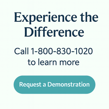 Promotional graphic with the message 'Experience the Difference,' phone number 1-800-830-1020, and teal button reading 'Request a Demonstration' for business inquiries.